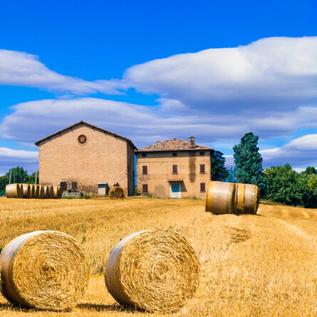 Beautiful countryside landscape with hay rolls and farm houses in Tuscany, Italy